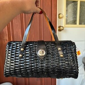 Black Woven Handbag with Leather Straps